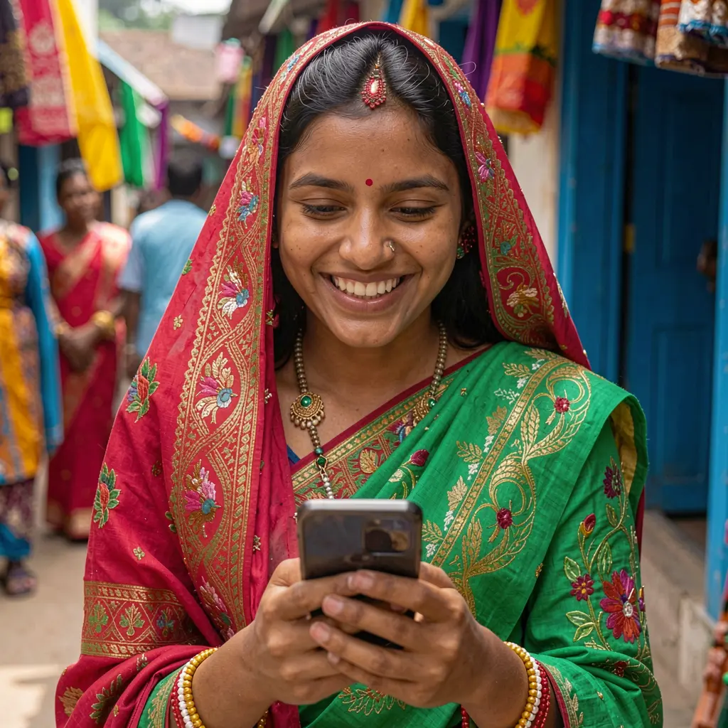 Happy Bangladeshi woman in colorful traditional attire smiling while using the 95BAT mobile app on her smartphone