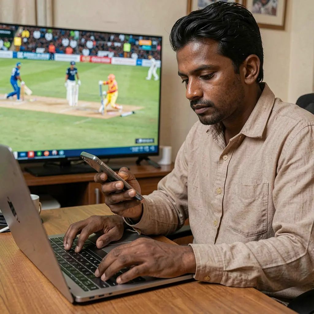 95BAT Bet – Place smart cricket bets with real time data in Bangladesh Focused Bangladeshi sports bettor analyzing live cricket data on a laptop and smartphone using 95BAT while watching match highlights