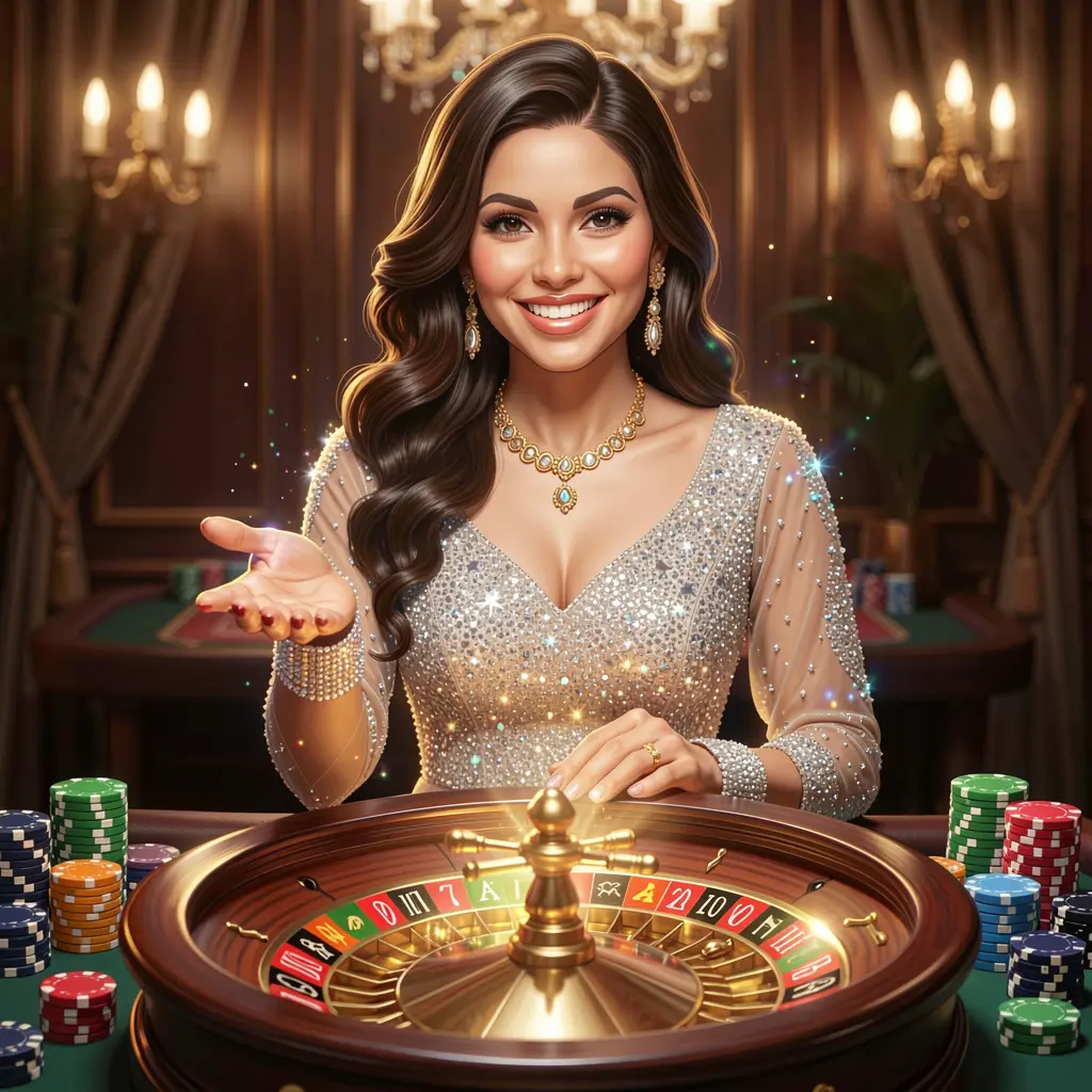 Confident Bangladeshi casino hostess surrounded by glowing chips and roulette lights inviting users to log in to 95BAT